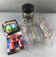 Plastic bowl, coin counter, super putty and toy