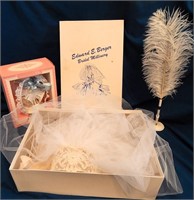 Vintage Wedding Cake Topper, Veil & Feather Pen