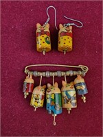 Wooden pig earrings and matching pin