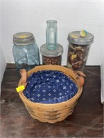 Antique jars, longaberger basket, misc