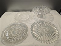 Lot of Clear Glass,1 Cake Stand & 3 Platter/Plates
