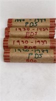 (4) rolls of wheat pennies 1920-1949