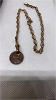 1918 wheat penny on gold chain stamped 1/10 W&SB*