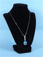 Silver-Toned Necklace w/Aquamarine Pendant/Hearts