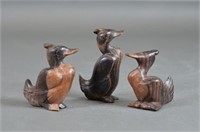 3 Hand Carved Wooden Birds