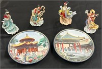 4 Oriental Figurines and 2 Plates
