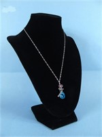 Silver Toned Necklace w/Aqua Marine Pendant/Rose
