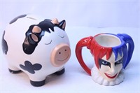 Cow Piggy Bank, Girl Clown Cup Lot