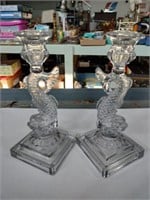 Pair of imperial clear glass fish candle holders