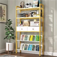YAOHUOO Bookshelf with Drawers - White/Gold, 31.5"