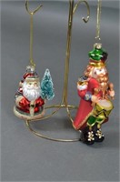2 Bright Glass Christmas Ornaments Santa/Drummer