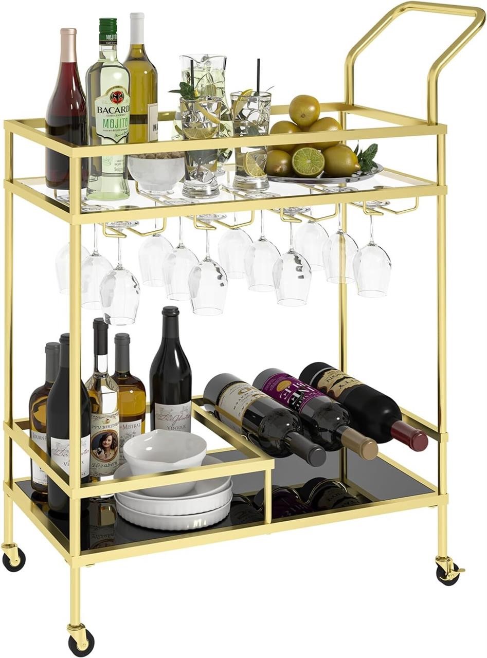 Bar Cart with Wheels  2 Layer Shelves - Gold