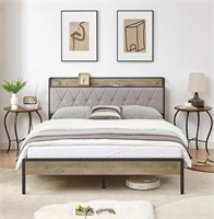 Queen Bed Frame with Charging Station  Gray