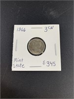 1866 three cent nickel graded mid mint state