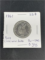 1861 Seated Liberty silver quarter AU or uncircula