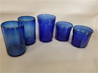 Cobalt Blue Glassware: 2 handblown tumblers, 3