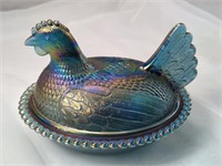 Vintage Indiana Glass Carnival Blue Hen on the