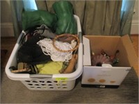 Tote w/Hulk hands, rope, misc & box of decor