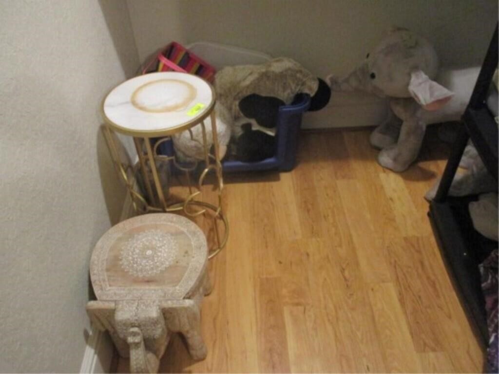 Elephant, stool, table & stuffed animals, misc