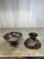 Floral decorative ceramic footed bowls, set of 2