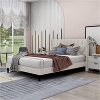 $210  Queen Upholstered Bed  Wood Slat  Beige