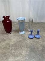 Wedgewood baby blue colored vase, ruby red floral
