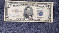 1953-A US $5 Silver Certificate US Currency Note