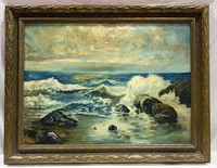 Painting On Canvas In Antique Frame Ocean Scene