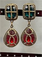 Green and Red Dangling vintage clip on earrings
