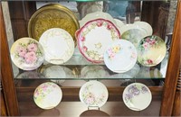 9 Hand Painted Glass Plates, plus a Brass Tray