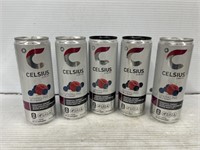 5 cans of Celsius sparkling wild berry flavor