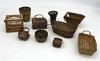 Grouping of Miniature Handmade Baskets & Bird Cage