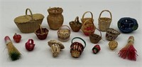 Grouping of Miniature Handmade Baskets & 2 Brooms
