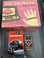 lie dector machine, hand held soccer, dominoes