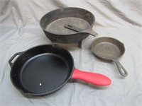 3 Assorted Cast Iron Pans (1 W/Broken Handle)