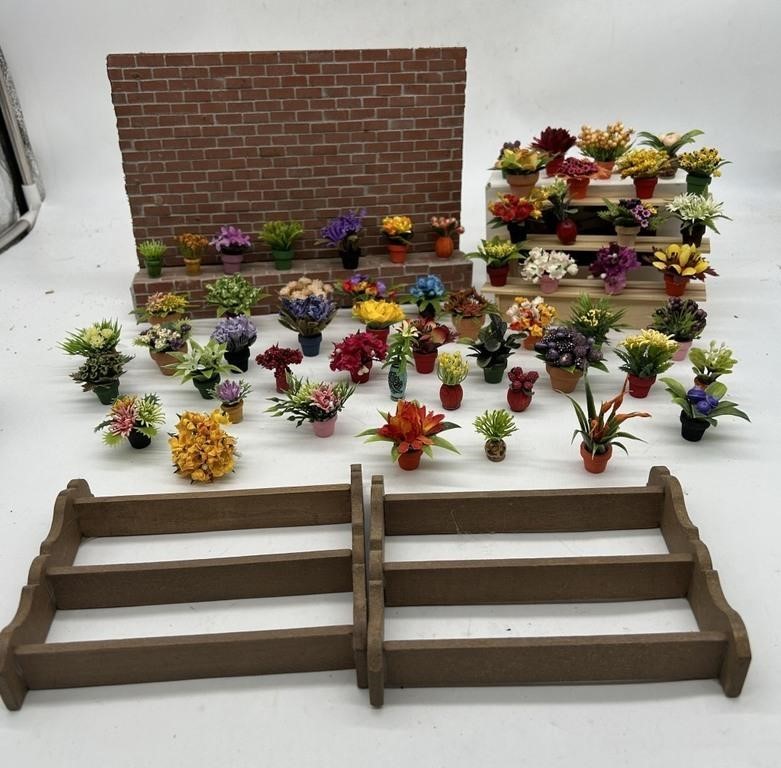 Mini Potted Plants, Brick Wall, Wooden Plant Stand