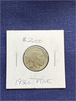 1936s buffalo nickel coin