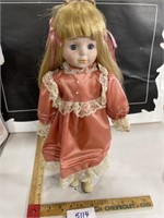 Porcelain doll pink dress with stand