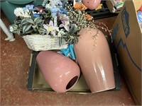 2 large pink vases, 1 basket with floral arrangemt