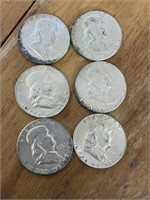 6 Franklin half dollars all 1955