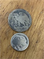 1 walking liberty half dollar and 1 Buffalo nickel