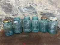 (6) BLUE GLASS WIDE MOUTH CANNING JARS
