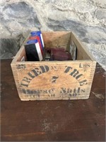 (1) "TRIED AND TRUE" VTG. WOOD BOX, POKER CHIPS,