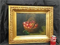 Still Life painting apples in basket signed, gold