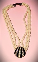 GORGEOUS VTG 3-STRAND PEARL CRYSTAL SHELL NECKLACE