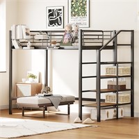 Twin Metal Loft Bed with Storage Shelf  Black