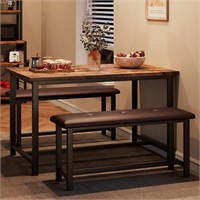 Dining Table Set for 4  Benches  Rustic Brown