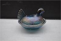 INDIANA BLUE CARNIVAL GLASS HEN ON A BASKET DISH