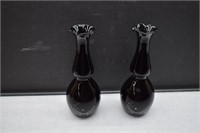 Pair of Black Amethyst Fluted Top Bud Vases