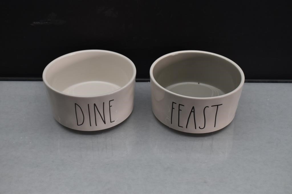 2 Rae Dunn Dine & Feast Dog/Cat Bowls